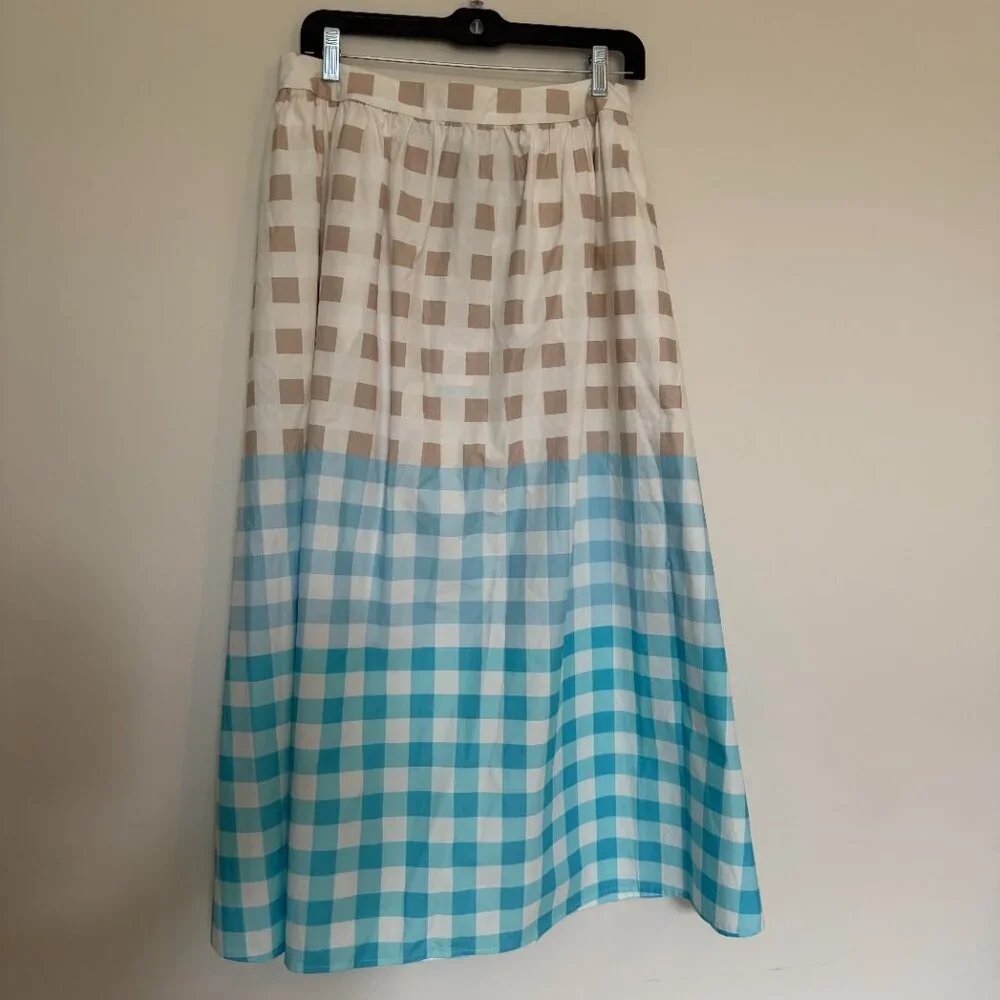 Ming Wang Cotton Gingham Maxi A Line Skirt Cottagecore Beige Blue - NWT - Small